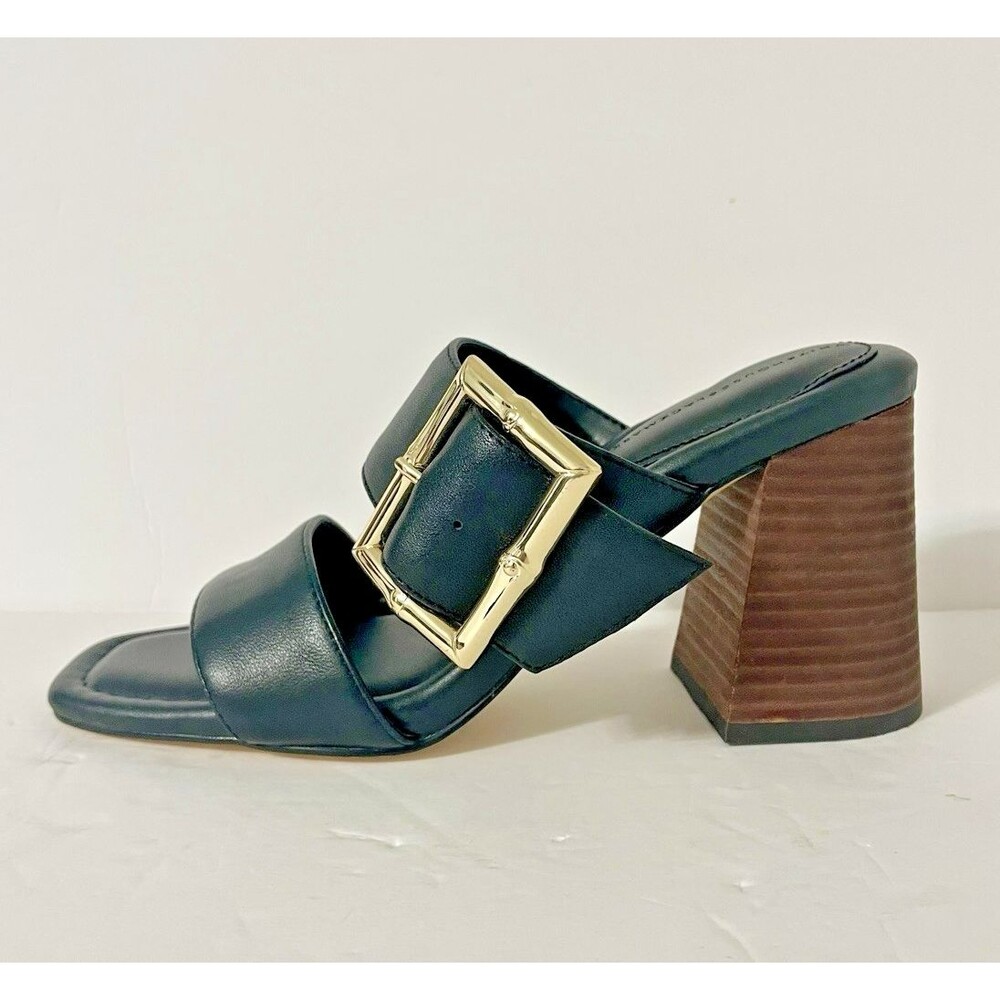 WHBM Bamboo Design Black Sandal Mid Heel Gold Tone Buckle Size 7 Block 70s 90s